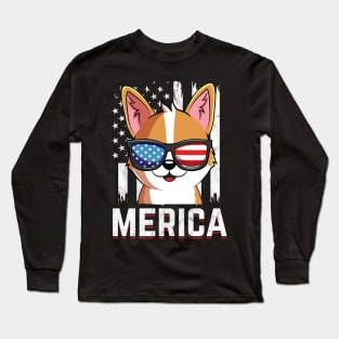 Cute Corgi Dog USA Flag Sunglasses 4th of July Long Sleeve T-Shirt